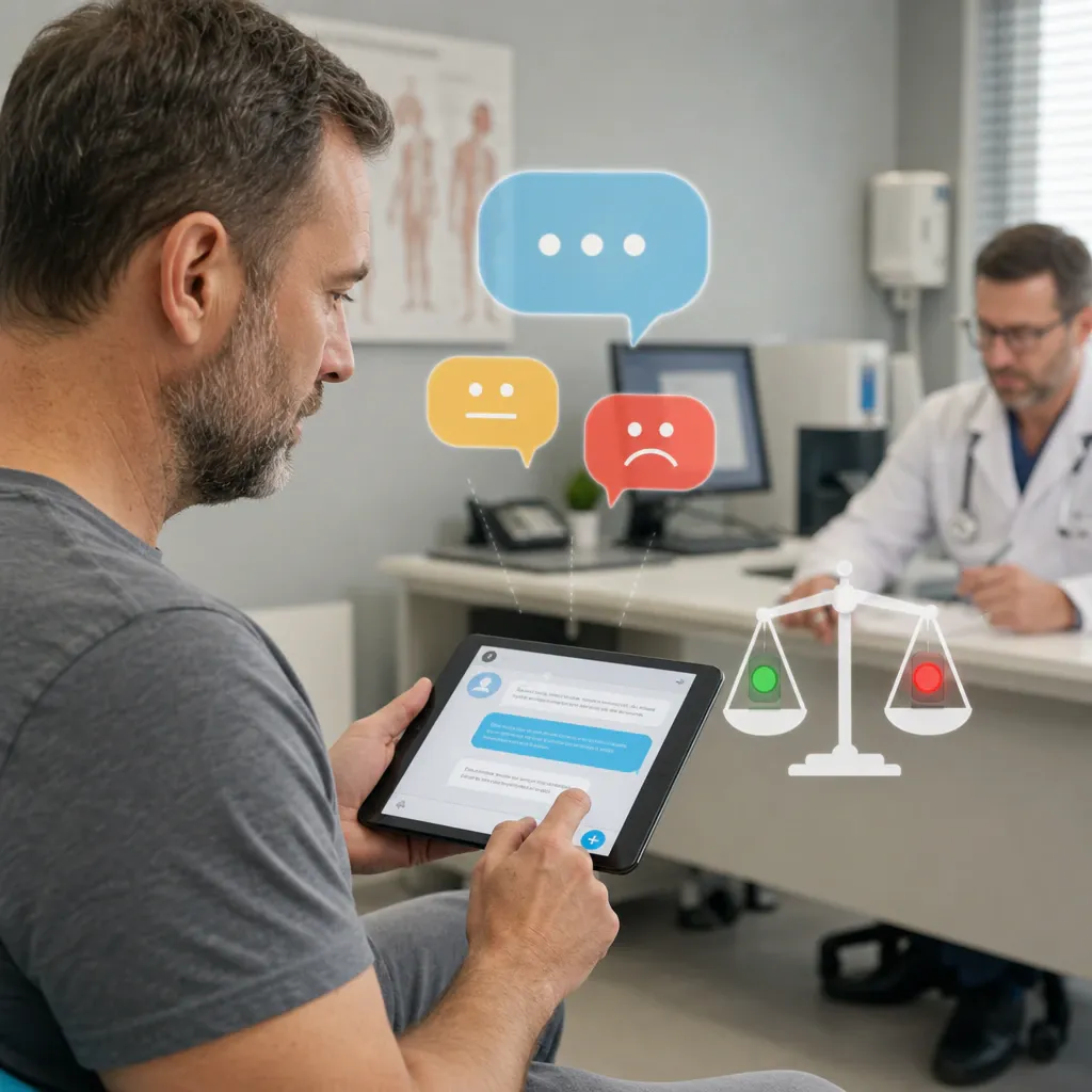 Abstract, editorial illustration of a patient communicating via a tablet with a geometric chat interface, surrounded by differently shaped speech bubbles and a stylized traffic light symbol for urgency classification