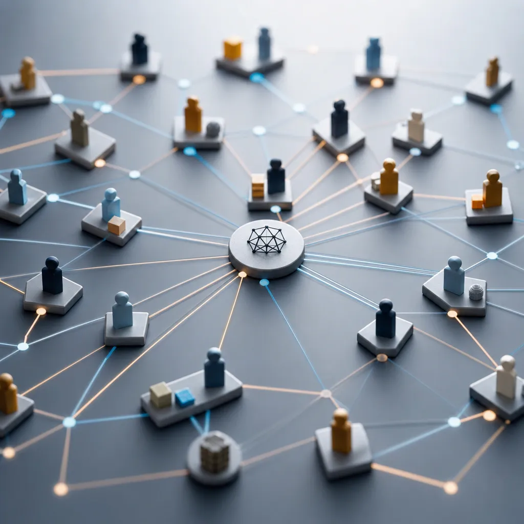 Abstract editorial illustration of a network of geometric nodes representing AI trading agents connected around a central mediator hub