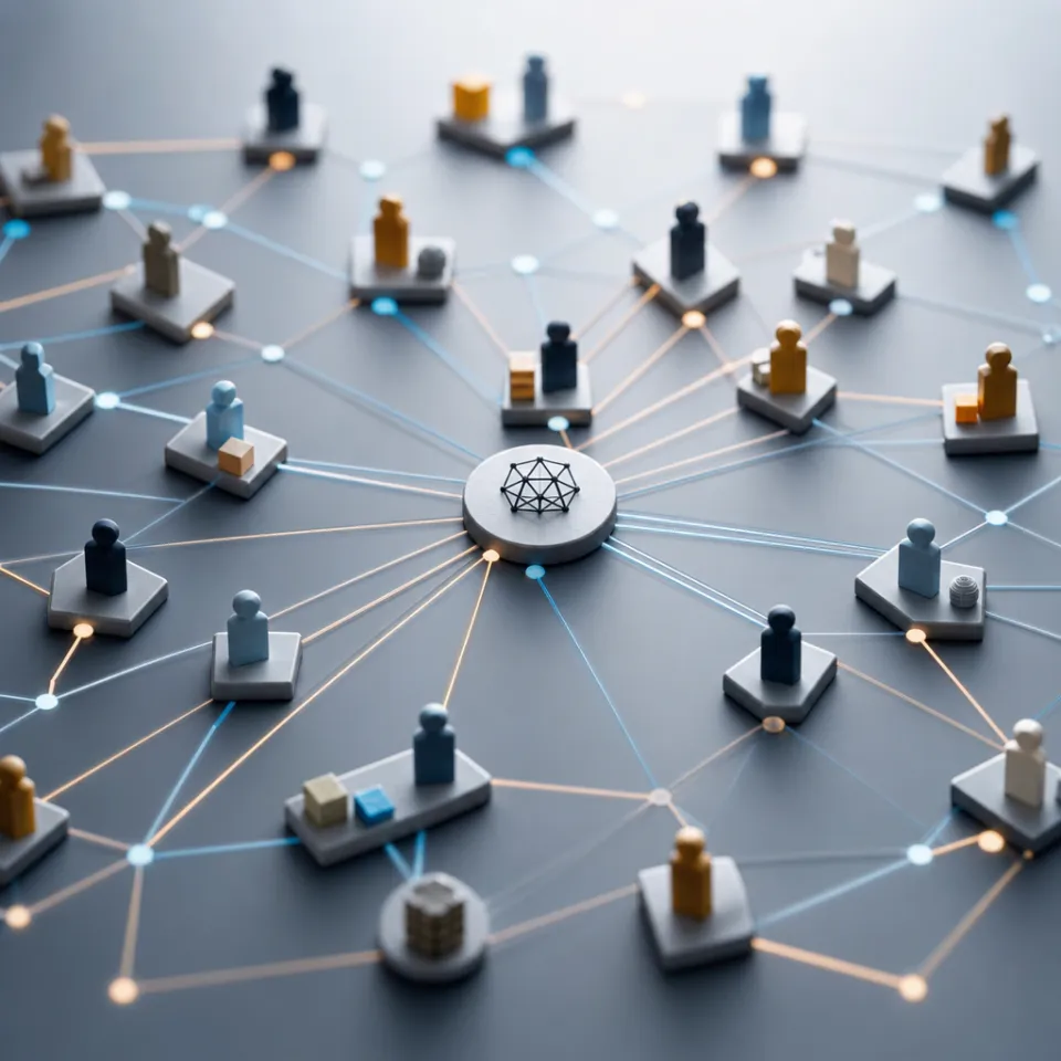 Abstract editorial illustration of a network of geometric nodes representing AI trading agents connected around a central mediator hub