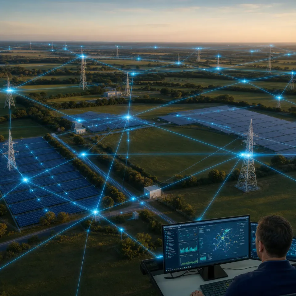 Abstract editorial illustration of a decentralized energy grid with solar panels, power pylons, and glowing digital connection lines symbolizing an overseeing AI system