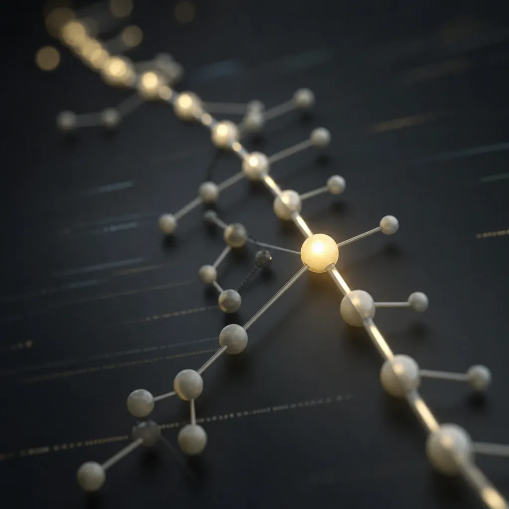 Abstract editorial illustration of a network of linked nodes and timeline lines with a highlighted glowing point symbolizing a memory activated at the right time