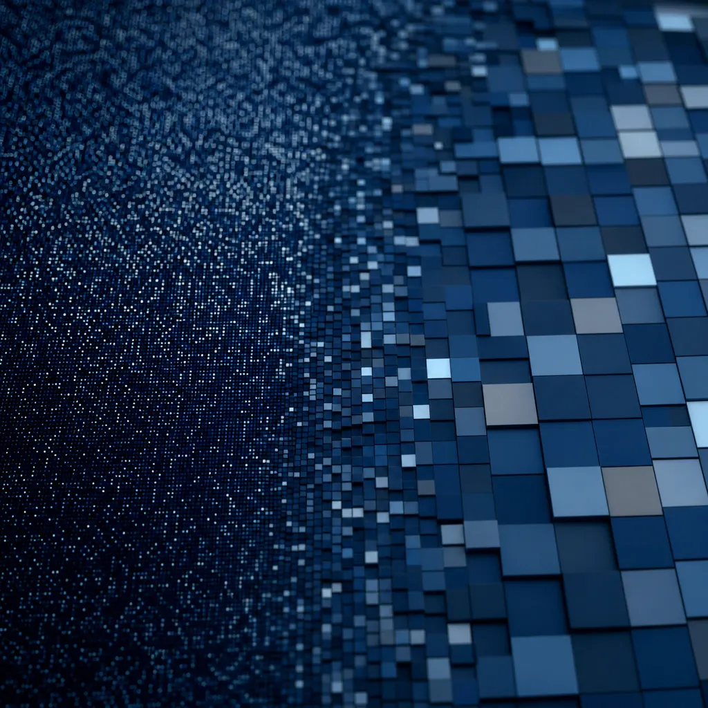 Abstract motif: a fine, densely packed data grid transitions on the other side into a coarse, block-like mosaic – a symbol for the transition from high to reduced numerical precision.