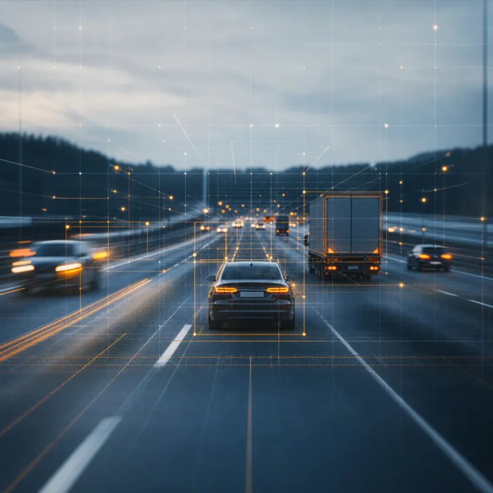 Abstract geometric illustration of a street perspective with overlaid scan lines and data points, symbolically representing AI-assisted analysis of dashcam footage