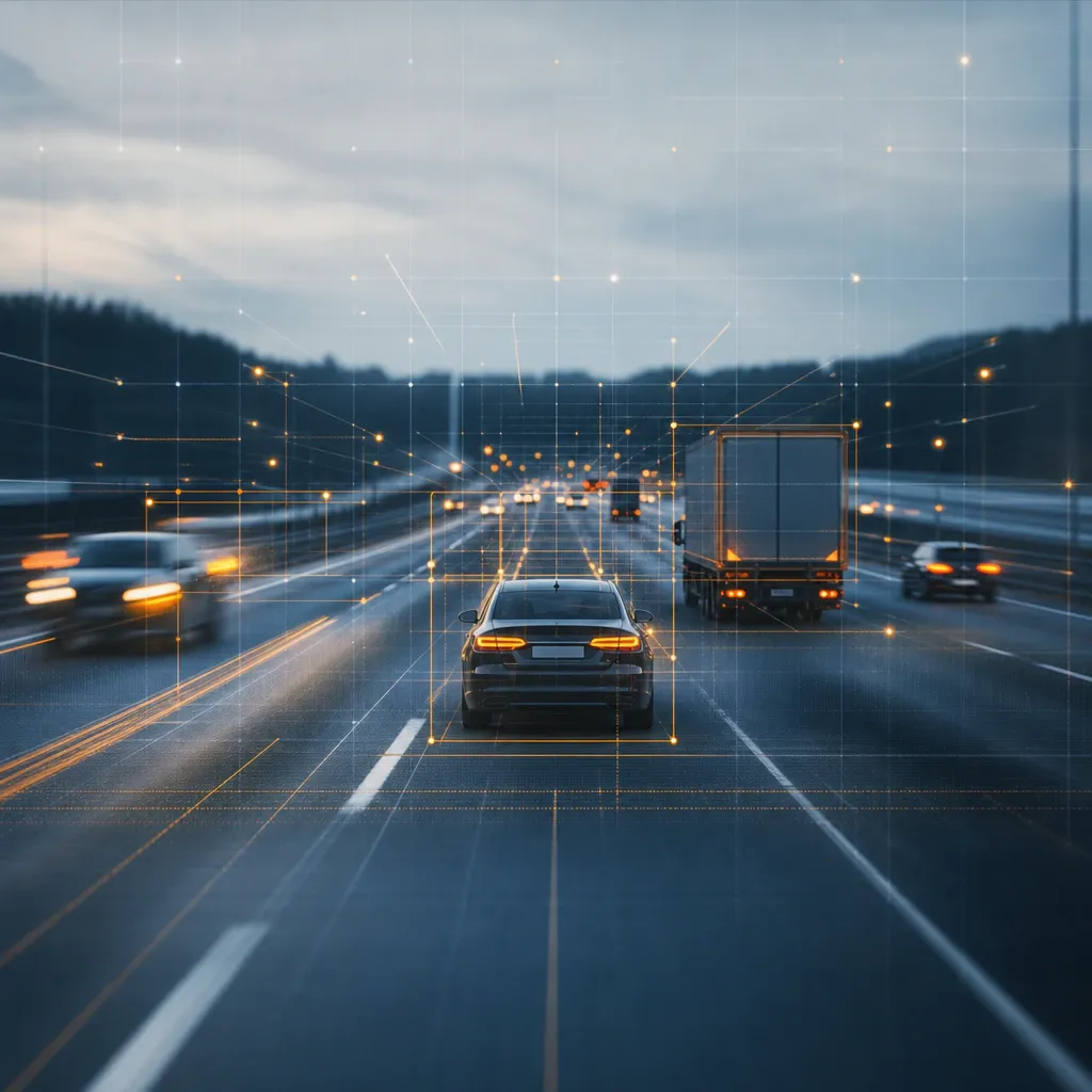 Abstract geometric illustration of a street perspective with overlaid scan lines and data points, symbolically representing AI-assisted analysis of dashcam footage