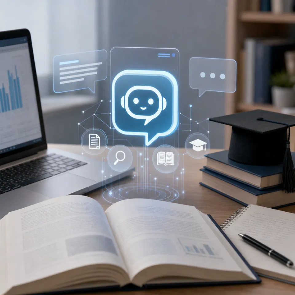 Symbolic illustration: a stylized chat assistant icon surrounded by academic symbols such as a book, doctoral hat, and laptop – a symbol for an AI learning assistant in higher education