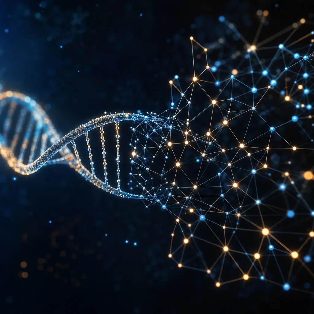 Abstract editorial motif of a branched network of glowing nodes and double-helix-like connection lines, symbolically representing the lineages of scientific ideas