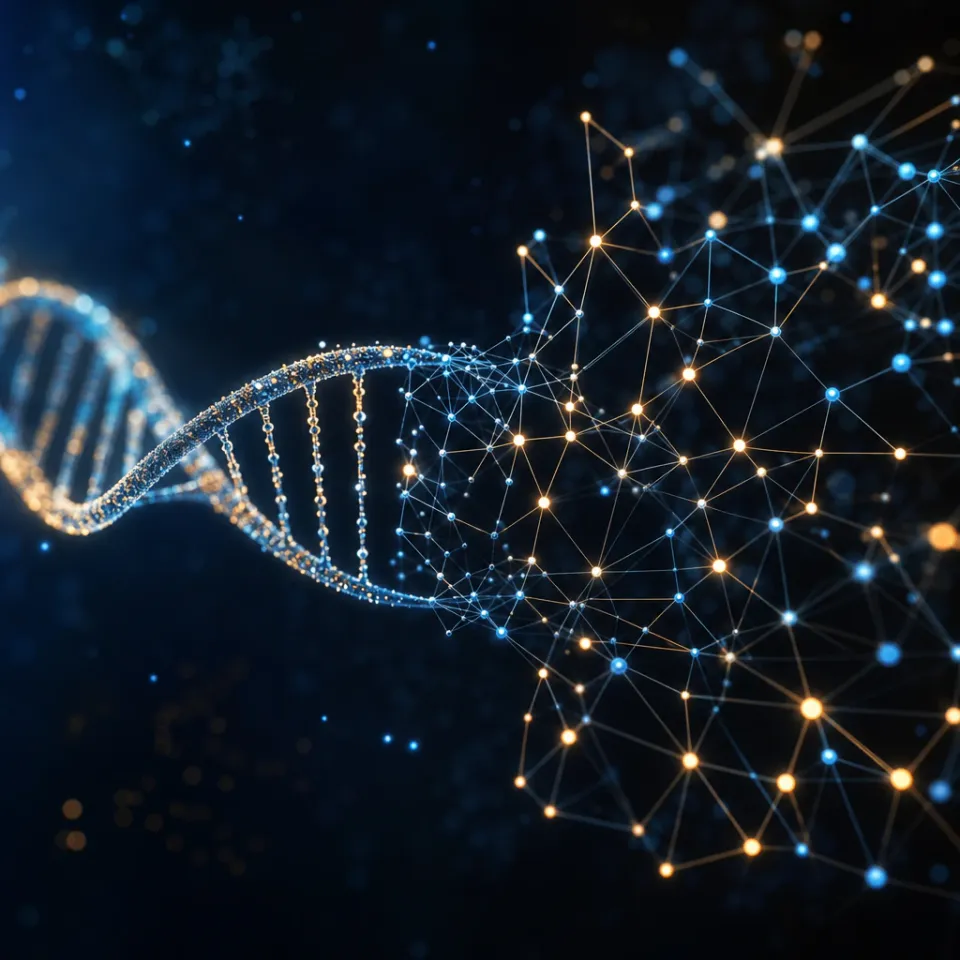 Abstract editorial motif of a branched network of glowing nodes and double-helix-like connection lines, symbolically representing the lineages of scientific ideas