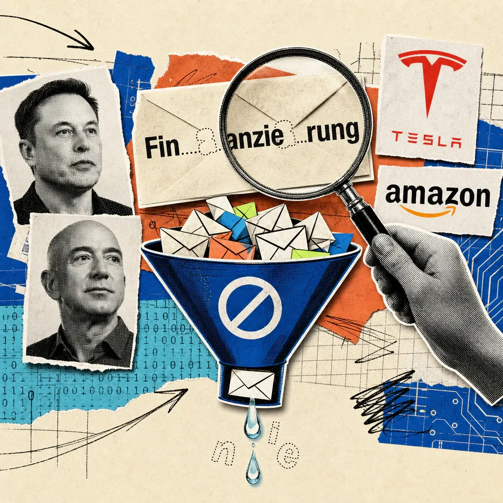 A magnifying glass reveals invisible gaps in the word 'financing' as email symbols slide through a spam filter funnel.