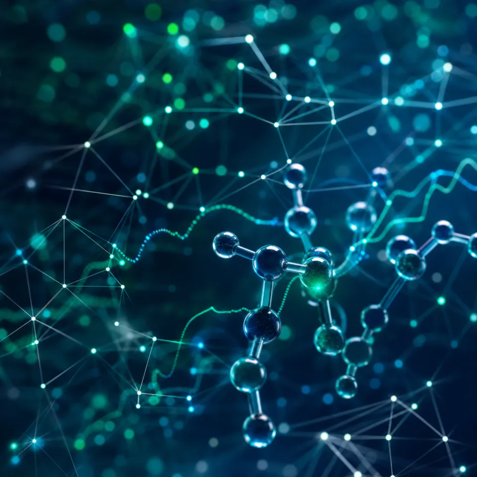 Abstract geometric illustration of a knowledge graph with molecular patterns in blue and turquoise tones