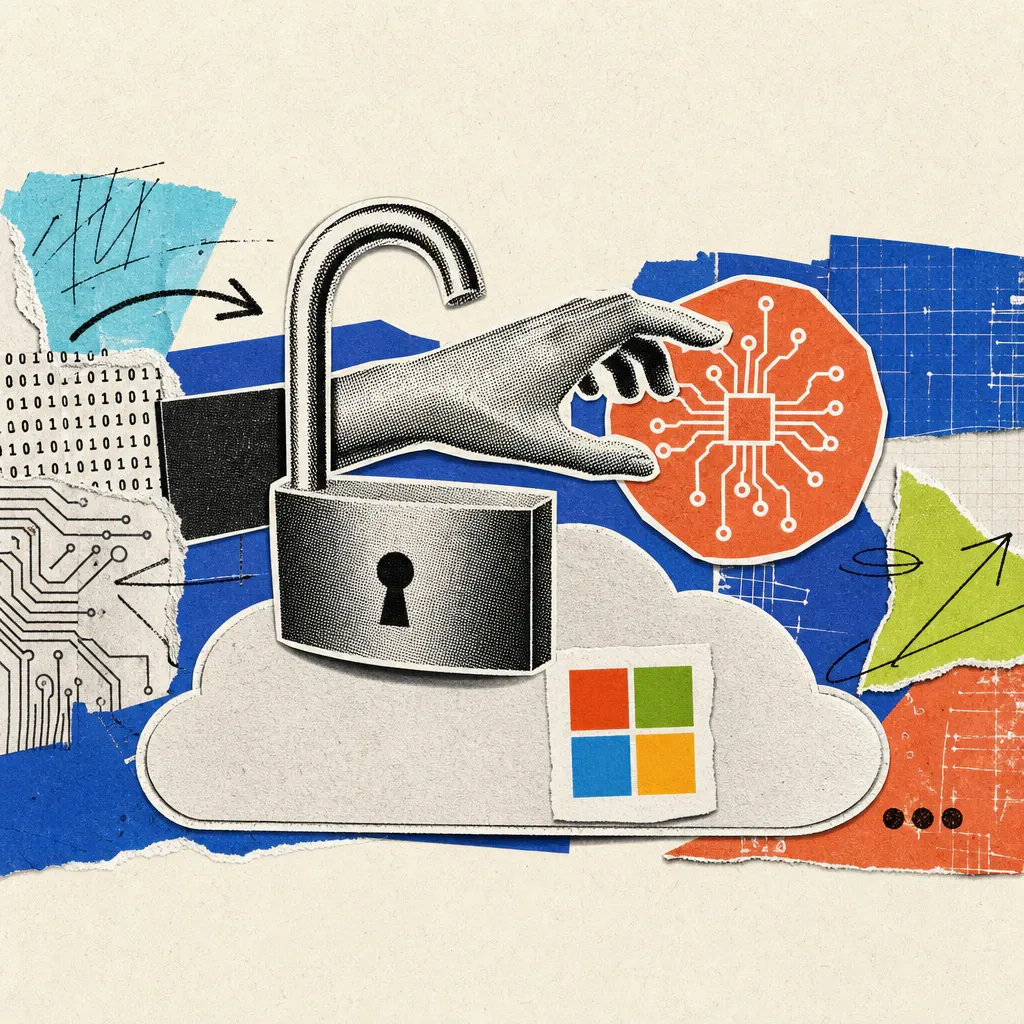 Ein offenes Vorhängeschloss ohne Bügel schwebt über einer Wolke mit Microsoft-Logo, eine gezeichnete Hand greift ungehindert hindurch zu einem Schaltkreis-Symbol.