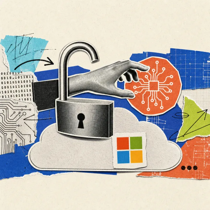An open padlock without a shackle floats above a cloud bearing the Microsoft logo, a drawn hand reaching through it unimpeded toward a circuit symbol.