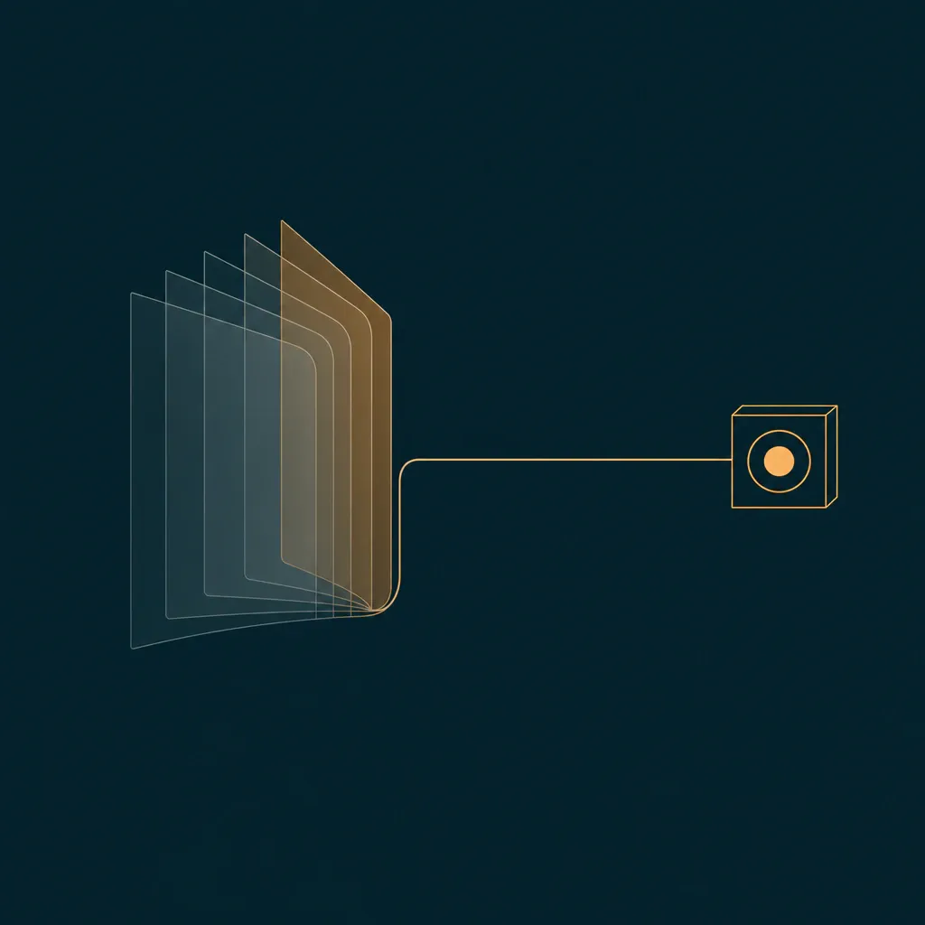 Abstract geometric illustration: a stack of books in book form, from which a continuous line flows into a small, consistently sized memory buffer, symbolizing constant memory requirements when processing long documents