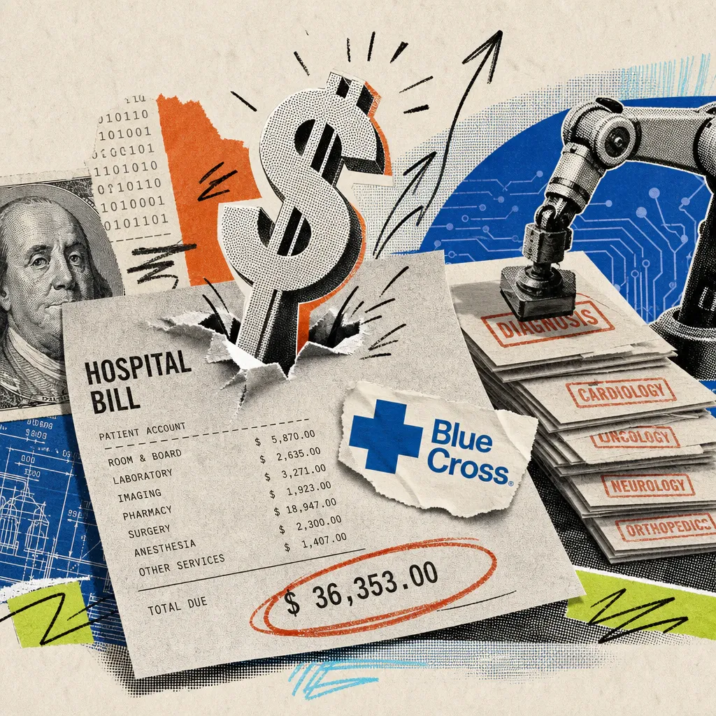 A Blue Cross logo sticker sits on a giant hospital bill from which a dollar up-arrow grows, while a robotic arm in the background stamps patient files with diagnosis codes