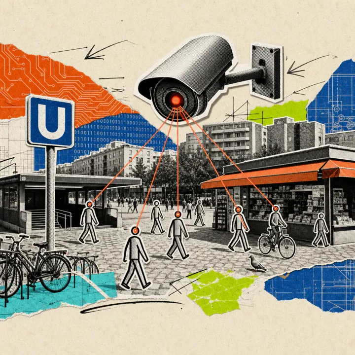 A surveillance camera watches schematic stick-figure people crossing the busy plaza in front of a Berlin subway station.