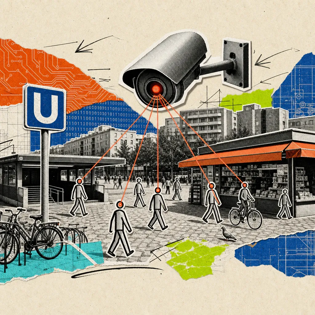 A surveillance camera watches schematic stick-figure people crossing the busy plaza in front of a Berlin subway station.