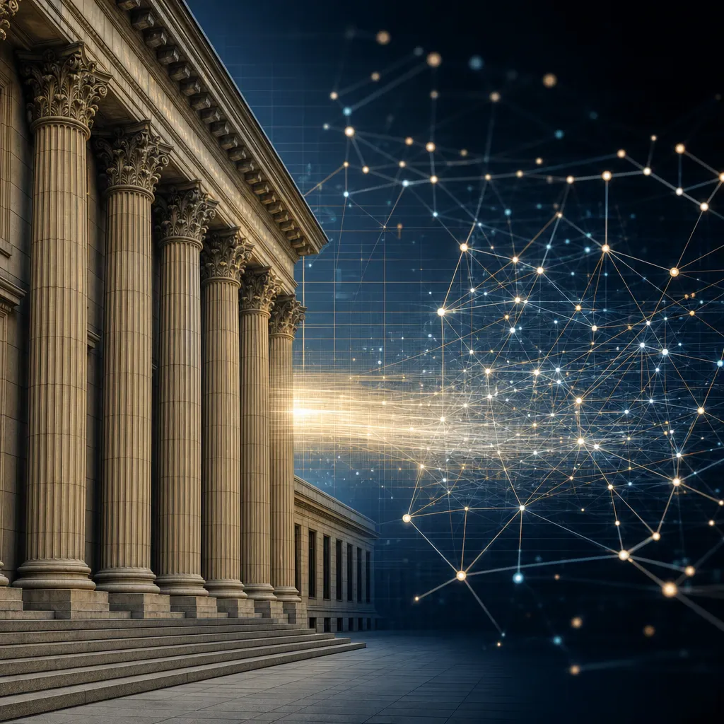 Abstract geometric illustration: a classic column facade of a central bank transitions into a glowing neural network grid over a light bridge