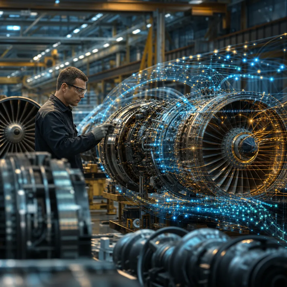 Industrial manufacturing facility with flowing AI neural patterns, jet engines and mechanical components merging with digital intelligence