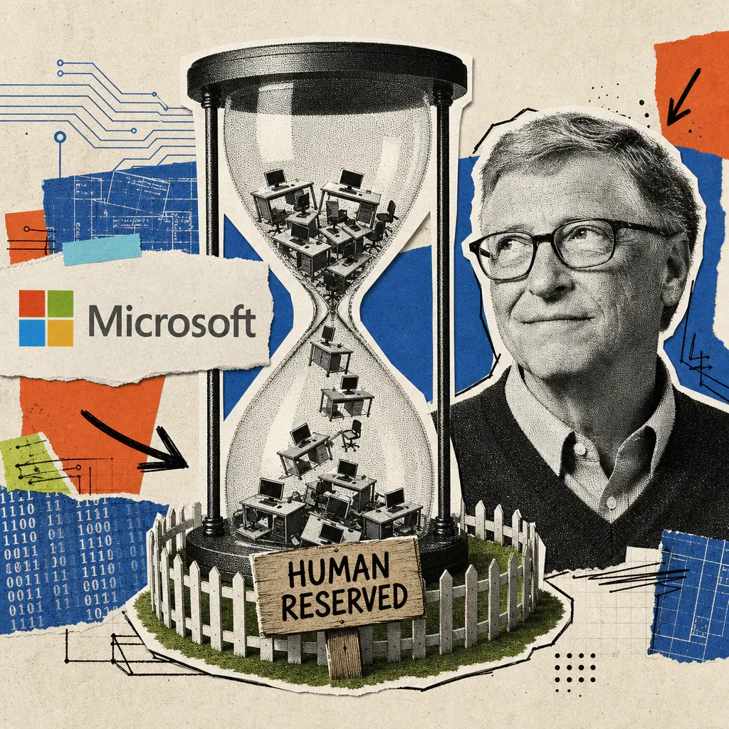 Bill Gates steht neben einer großen Sanduhr, in der statt Sand winzige Büro-Schreibtische nach unten rieseln; darunter fängt ein eingezäuntes Feld mit dem Schild „Human Reserved“ einige davon auf.