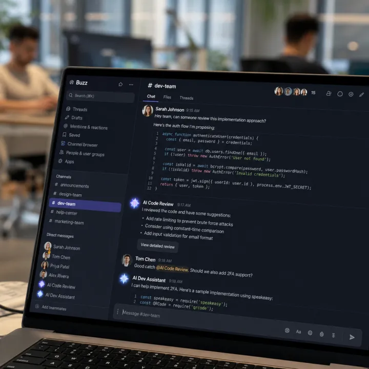 Screen showing the new team chat app Buzz, where AI agents appear alongside human colleagues as equal channel members