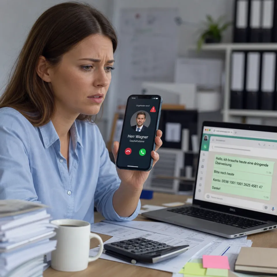 Eine Mitarbeiterin der Buchhaltung blickt besorgt auf ihr Smartphone, auf dem ein Anruf vom vermeintlichen Chef eingeht, während im Hintergrund am Laptop eine WhatsApp-Zahlungsaufforderung sichtbar ist.