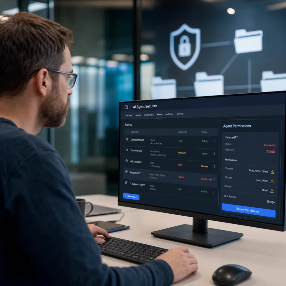 Ein IT-Sicherheitsverantwortlicher prüft im Büro ein Dashboard mit Zugriffsrechten und Warnhinweisen für KI-Agenten
