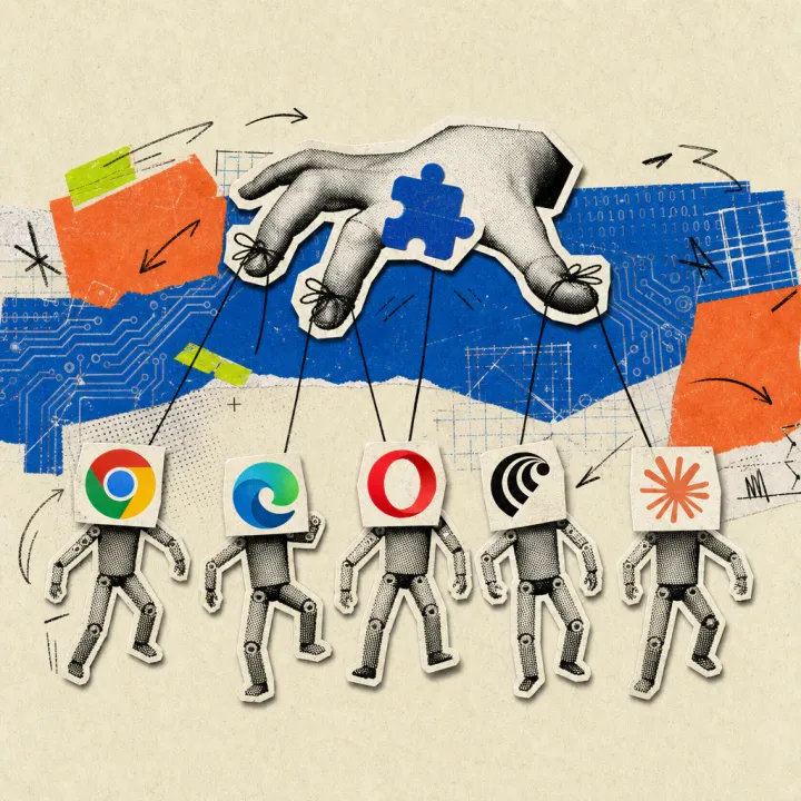 A hand shaped like a browser extension icon pulls strings connected to five puppets bearing the logos of Chrome, Edge, Opera, Perplexity Comet, and Claude.