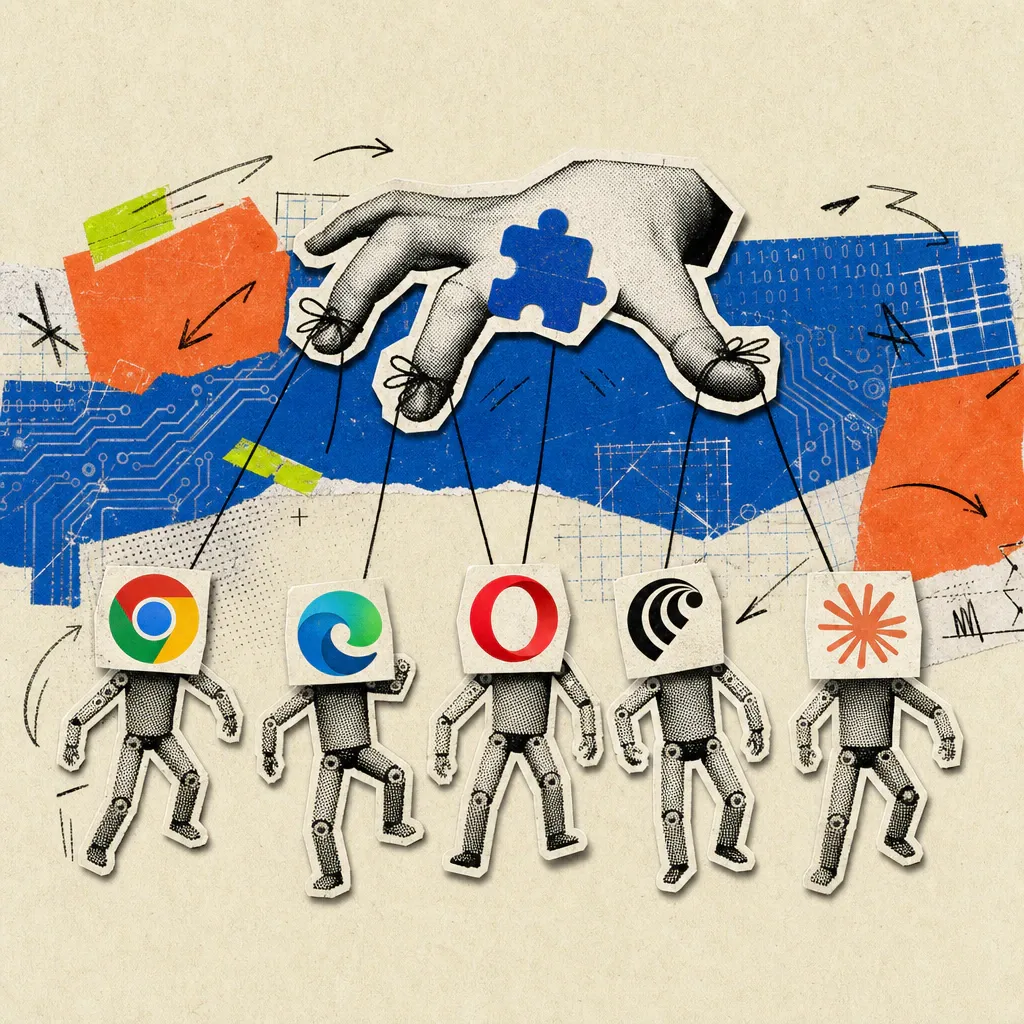 A hand shaped like a browser extension icon pulls strings connected to five puppets bearing the logos of Chrome, Edge, Opera, Perplexity Comet, and Claude.