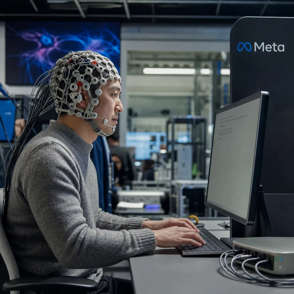 Fotorealistische Darstellung: Eine Person mit sensorbestückter MEG-Haube sitzt konzentriert an einer Tastatur, auf dem Monitor davor erscheint getippter Text, am Gerät ist das Meta-Logo zu sehen.