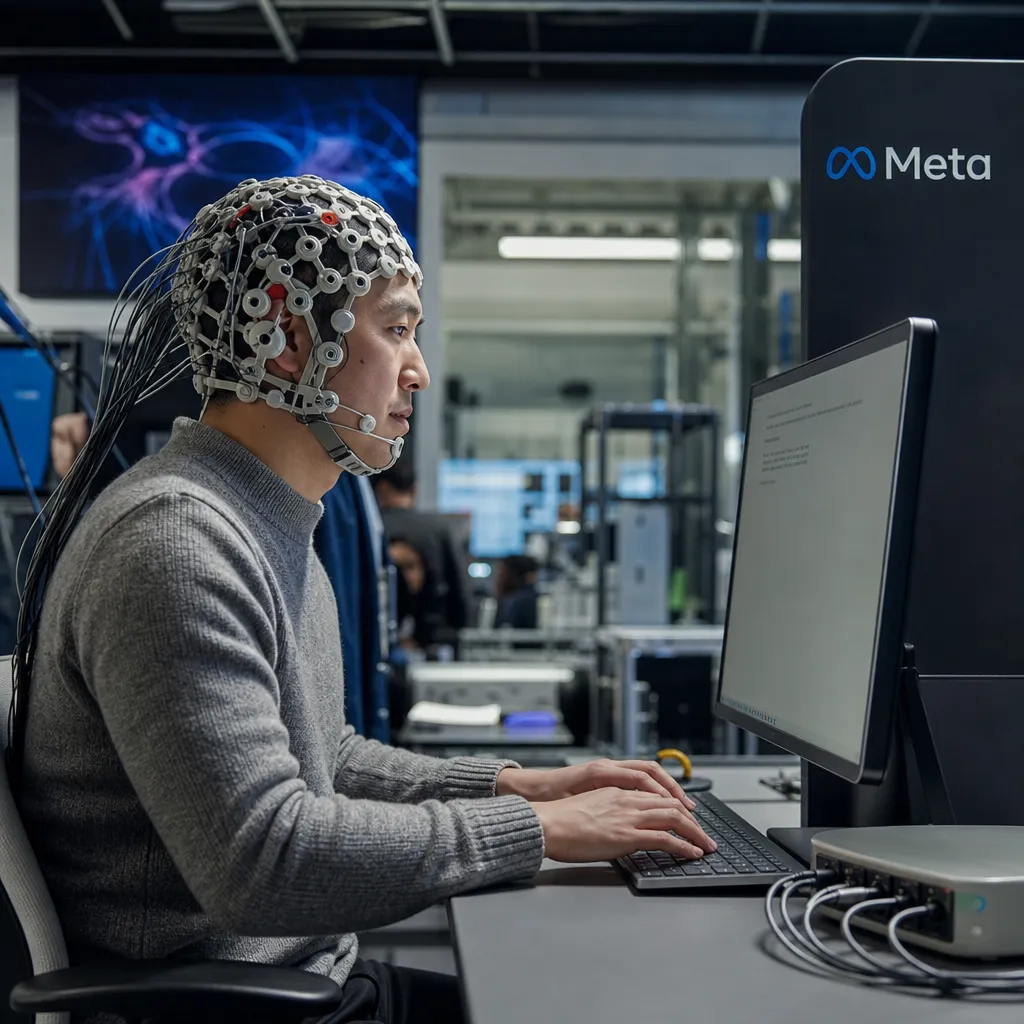 Fotorealistische Darstellung: Eine Person mit sensorbestückter MEG-Haube sitzt konzentriert an einer Tastatur, auf dem Monitor davor erscheint getippter Text, am Gerät ist das Meta-Logo zu sehen.