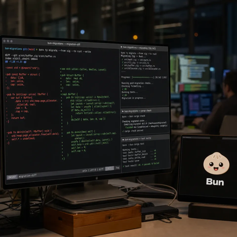 Developer workstation with multiple screens showing parallel terminals during the migration of Bun's source code from Zig to Rust.