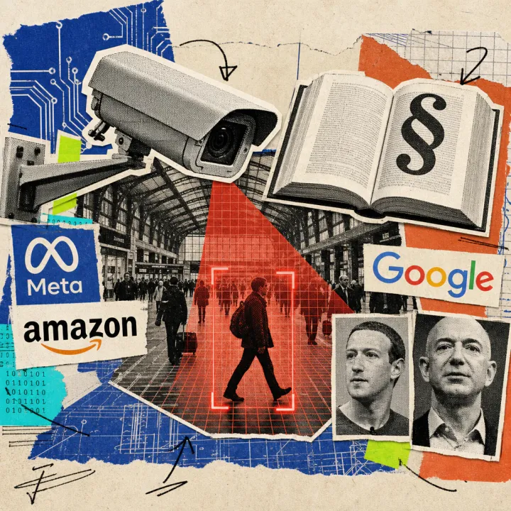 Illustration of a surveillance camera with a red scan grid over a train station hall, marking a walking person like a passport-photo frame, next to an open law book with a paragraph symbol