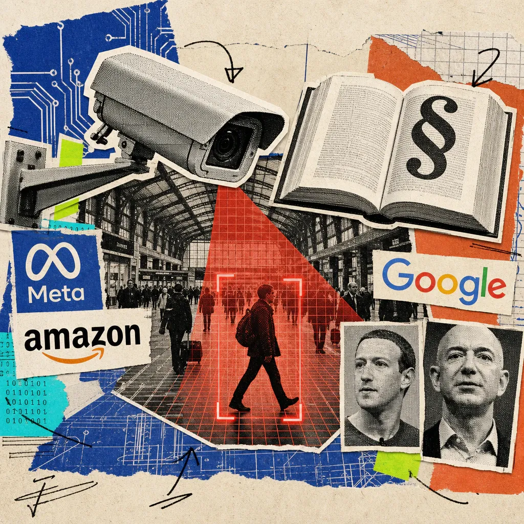 Illustration of a surveillance camera with a red scan grid over a train station hall, marking a walking person like a passport-photo frame, next to an open law book with a paragraph symbol