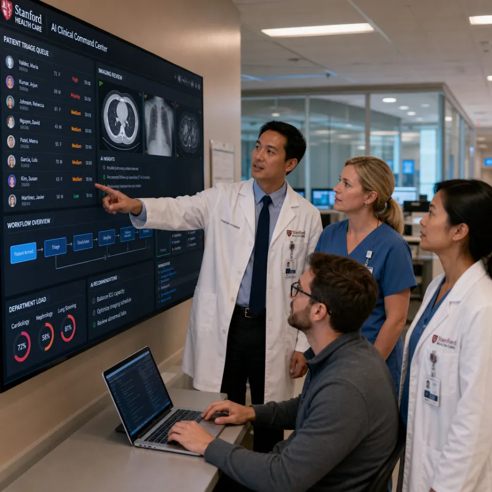 Ärztin und Datenteam blicken in einem US-Krankenhausflur gemeinsam auf ein KI-Dashboard mit Patienten-Warteschlangen und Bildbefunden