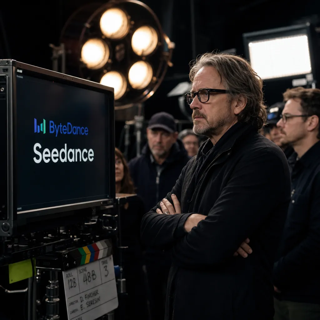Photorealistic depiction: a director on a Hollywood film set looks skeptically at a large screen showing the ByteDance logo and the word "Seedance"; around him are film lights, a clapperboard, and crew members.