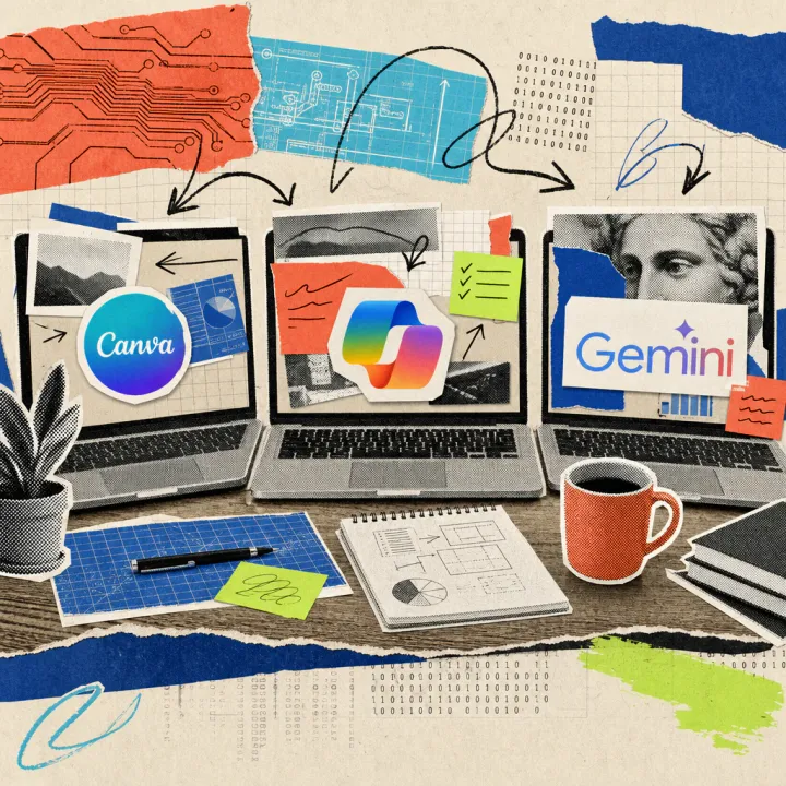 Three laptops open side by side on a desk, their screens showing paper bullet points turning into presentation slides – with logo stickers for Canva, Microsoft Copilot, and Google Gemini