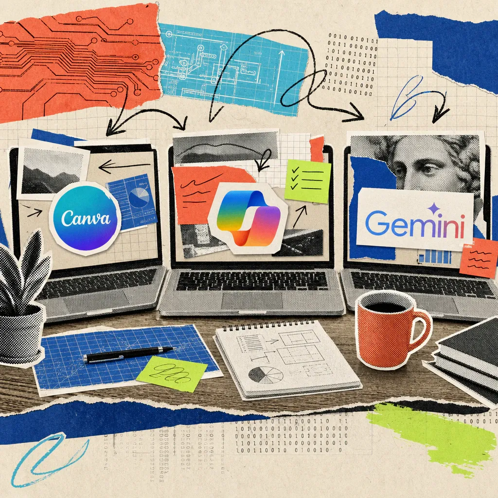 Drei nebeneinander aufgeklappte Laptops auf einem Schreibtisch, auf deren Bildschirmen Papier-Stichpunkte zu Präsentationsfolien werden – mit Logo-Aufklebern von Canva, Microsoft Copilot und Google Gemini