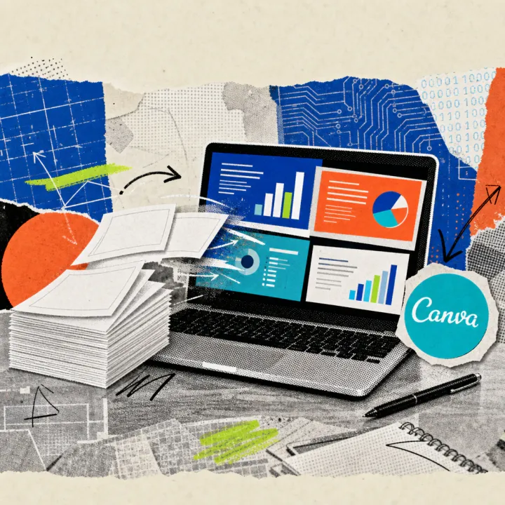 A laptop screen shows colorful presentation slides with diagrams next to a Canva logo sticker on a desk with blank slide templates.