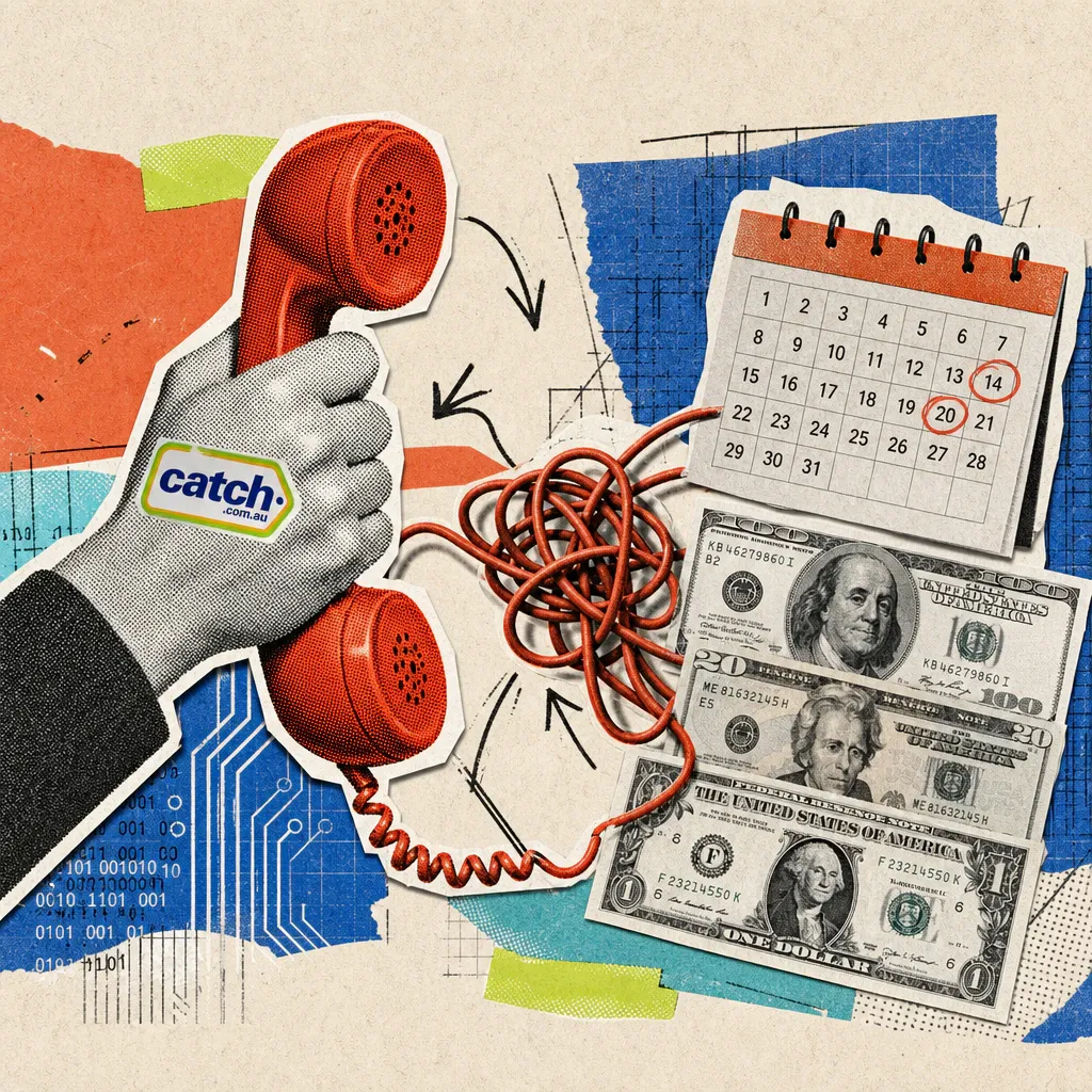 A hand with a Catch logo sticker holds a red telephone receiver whose cord is tangled with a calendar page and several dollar bills