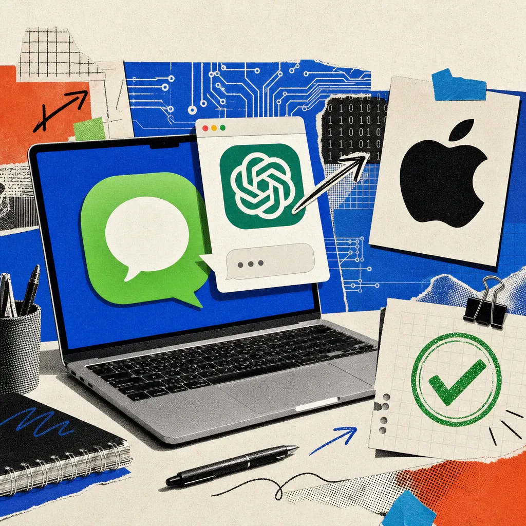 Ein MacBook auf einem Schreibtisch zeigt eine Sprechblase im Stil des Apple-Messages-Symbols, aus der ein Chatfenster mit dem ChatGPT-Logo wächst, daneben ein Apple-Logo-Sticker und ein grüner Bestätigungshaken.