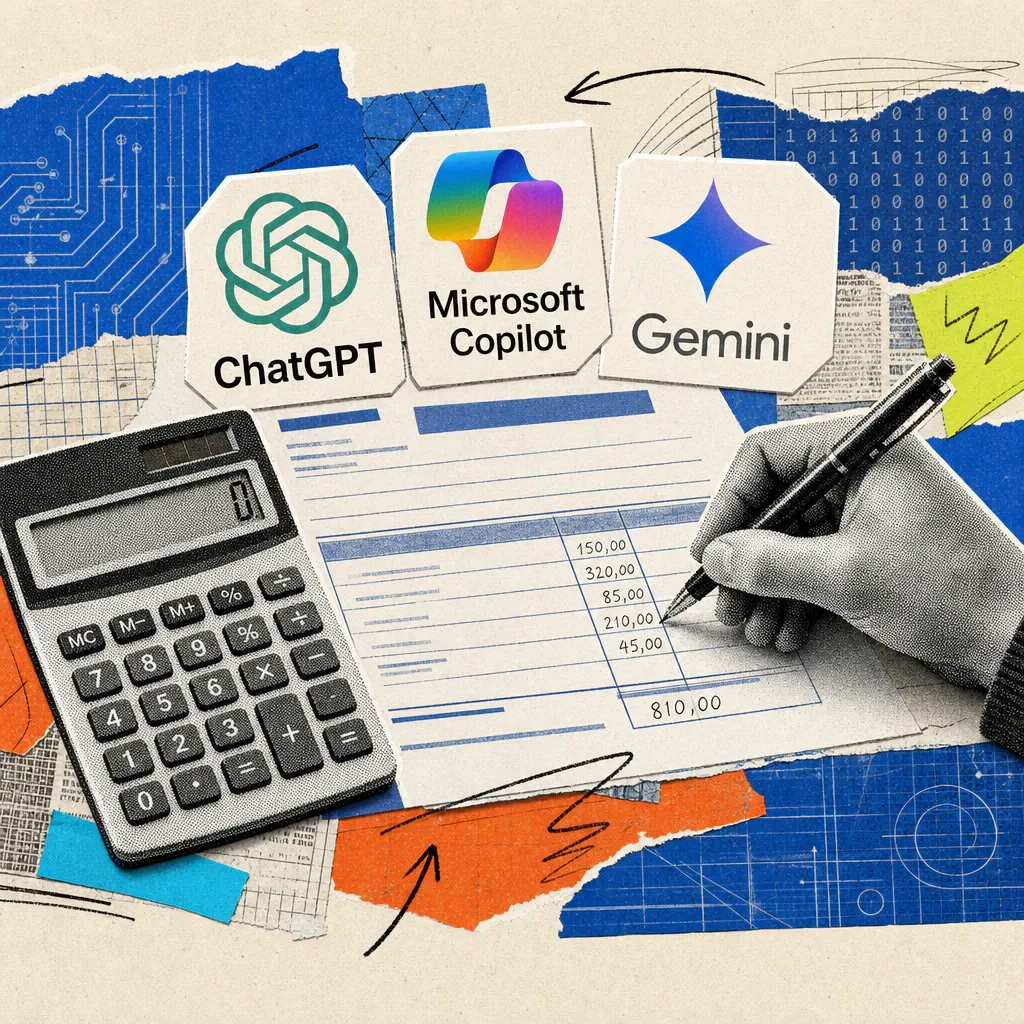 A hand writes numbers on an invoice form with a pen next to a calculator, with logo stickers from ChatGPT, Microsoft Copilot and Google Gemini on top.