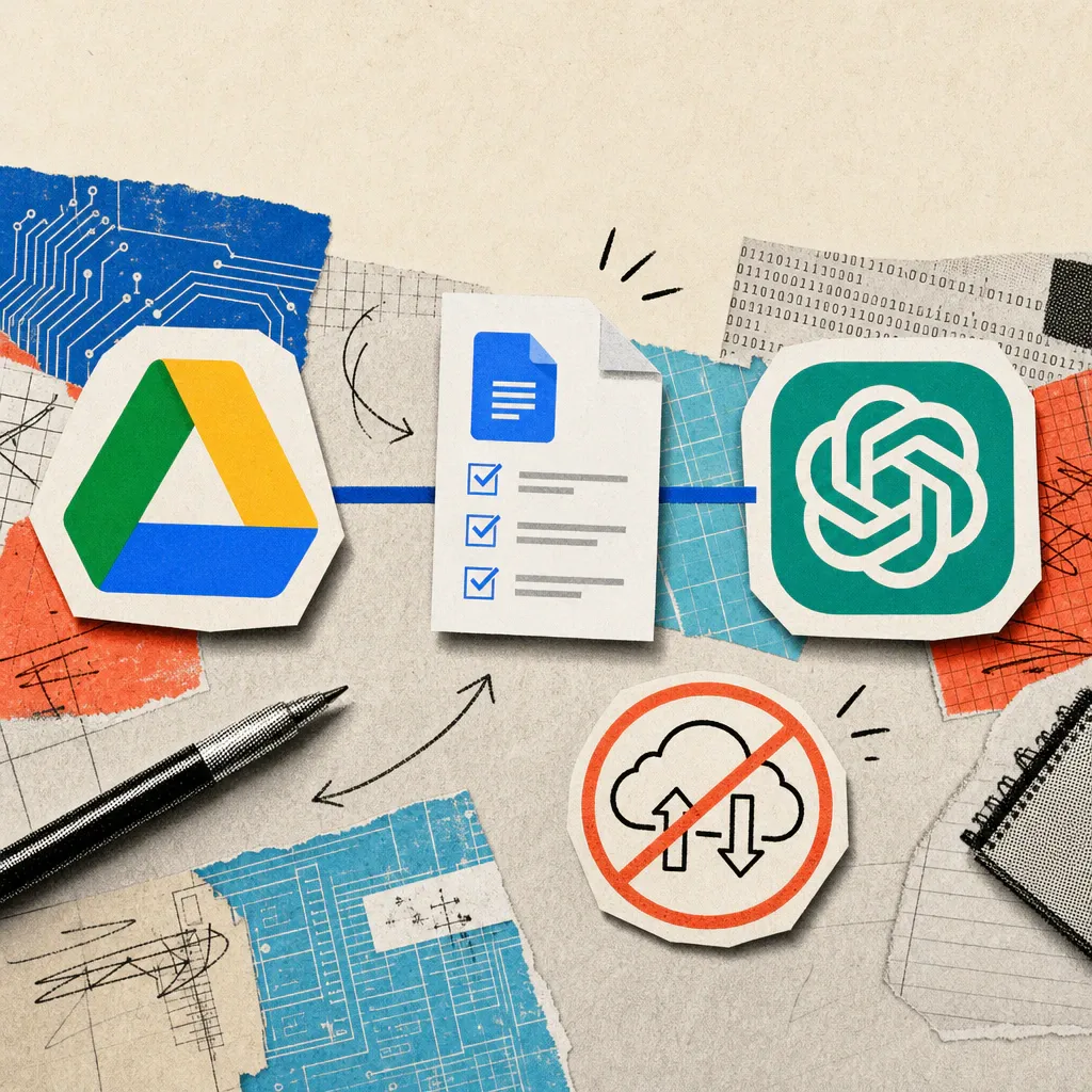 Ein Google-Docs-Dokument mit Häkchen schwebt auf einer Verbindungslinie zwischen einem Google-Drive-Logo-Sticker und einem ChatGPT-Logo-Sticker auf einem Schreibtisch, daneben liegt ein durchgestrichenes Symbol für Hoch- und Herunterladen.