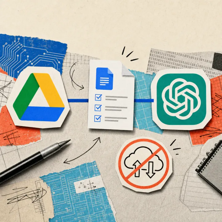 A Google Docs document with checkmarks floats on a connecting line between a Google Drive logo sticker and a ChatGPT logo sticker on a desk, next to a crossed-out upload-and-download symbol.