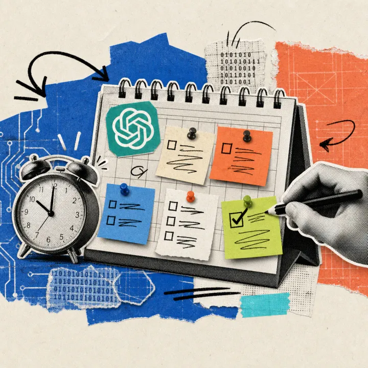 A desk calendar with several sticky to-do notes, one of them just checked off, next to a ticking alarm clock and a ChatGPT logo sticker.