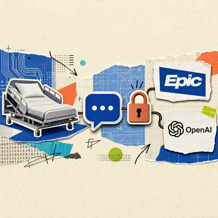A hand holds a clipboard with a patient chart bearing the Epic logo, while a smartphone showing the OpenAI logo hovers in front of it with a speech bubble of data lines pointing toward the chart