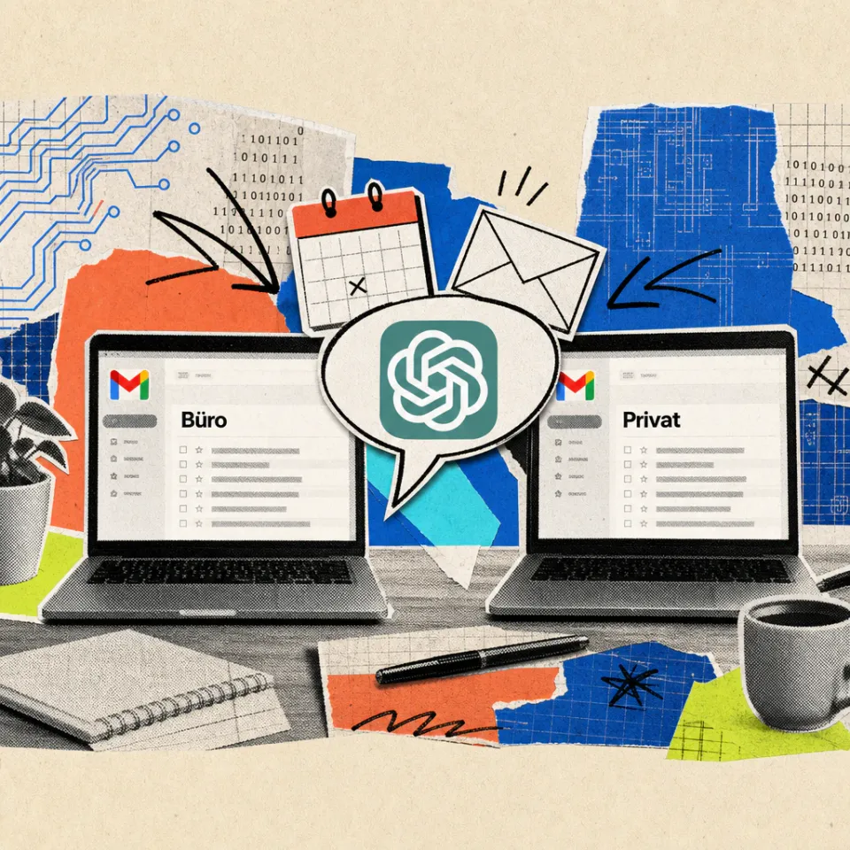 Zwei Laptops auf einem Schreibtisch zeigen je einen Gmail-Posteingang, beschriftet mit „Büro“ und „Privat“, dazwischen eine Sprechblase mit dem ChatGPT-Logo, aus der ein Kalenderblatt und ein Briefumschlag ragen.