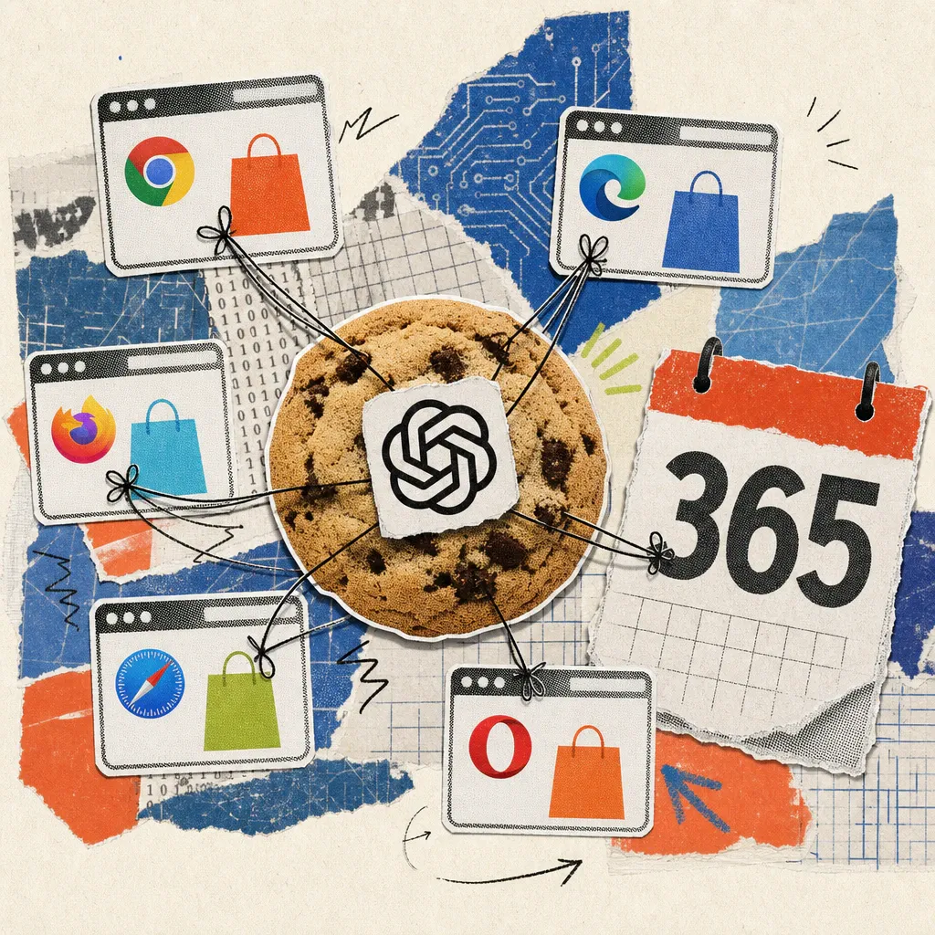 A ChatGPT logo sticker is stuck on a cookie, with threads leading from it to shopping-bag icons in several browser windows, next to a calendar page showing the number 365.