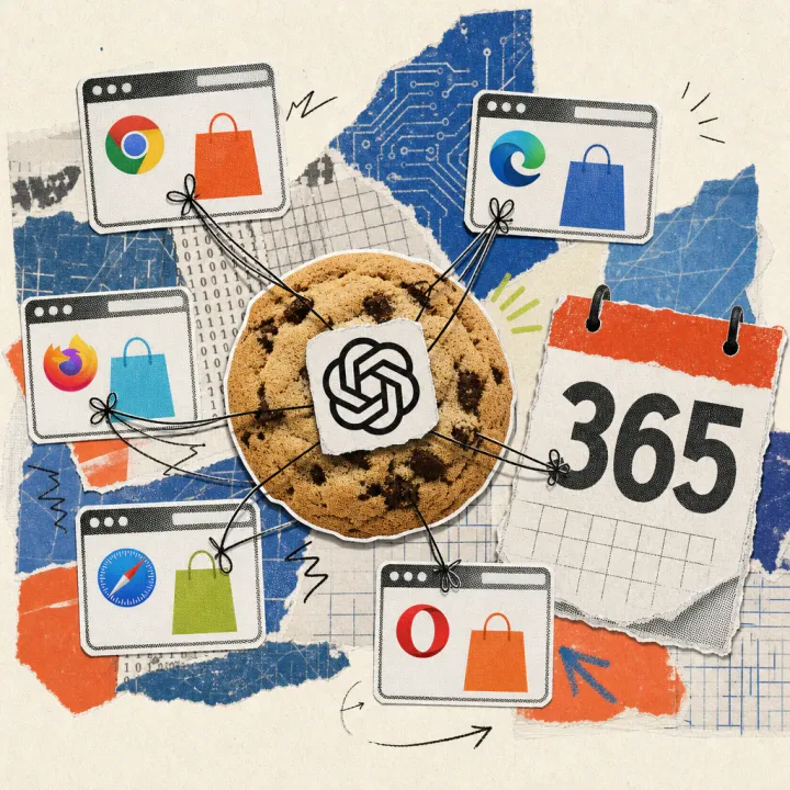 A ChatGPT logo sticker is stuck on a cookie, with threads leading from it to shopping-bag icons in several browser windows, next to a calendar page showing the number 365.