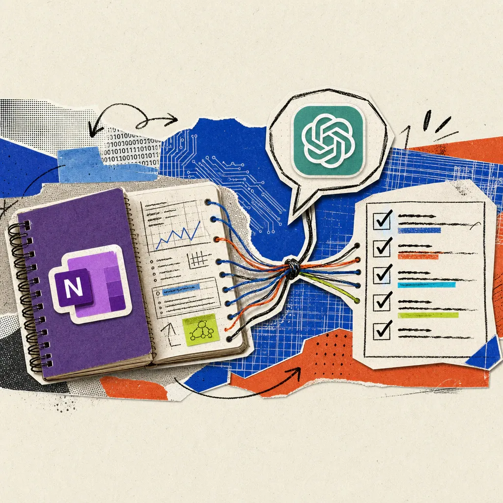 Ein Notizbuch mit einem OneNote-Logo-Aufkleber liegt auf einem Schreibtisch, ein Faden verbindet die Seiten mit einer Sprechblase mit ChatGPT-Logo, die daraus eine Checkliste mit Häkchen bündelt.