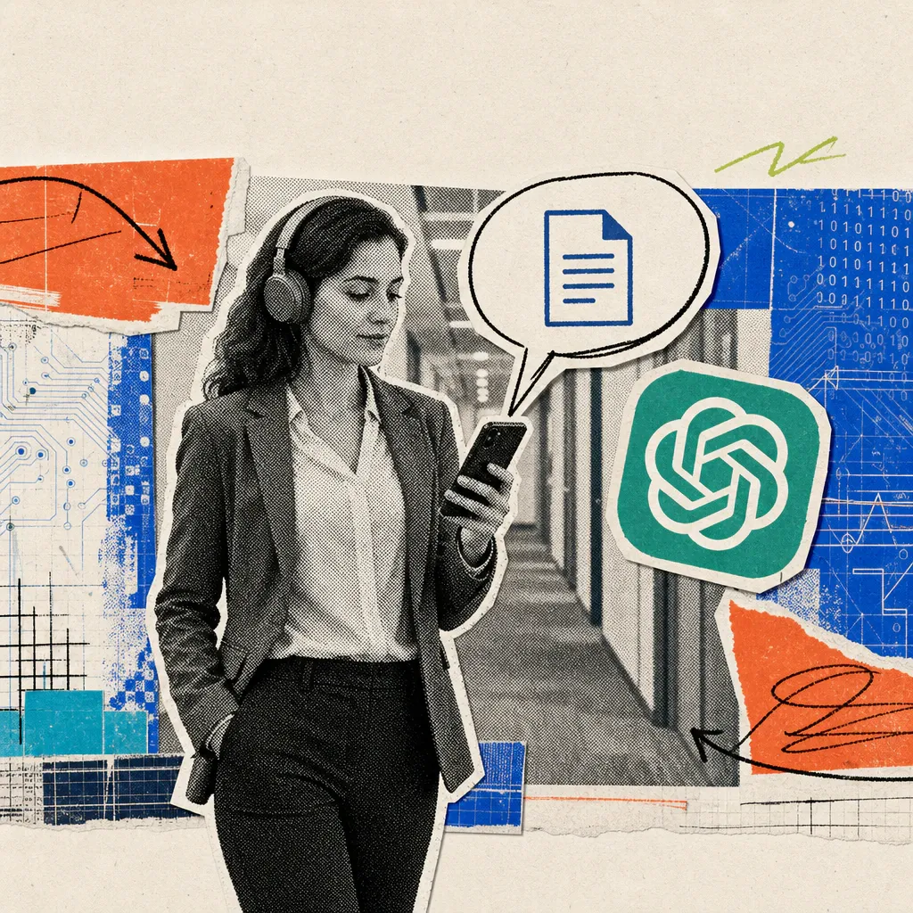 Eine Angestellte geht mit Kopfhörern und Smartphone über einen Flur, aus dem Handy schwebt eine Sprechblase mit Dokument-Symbol, daneben ein ChatGPT-Logo-Sticker