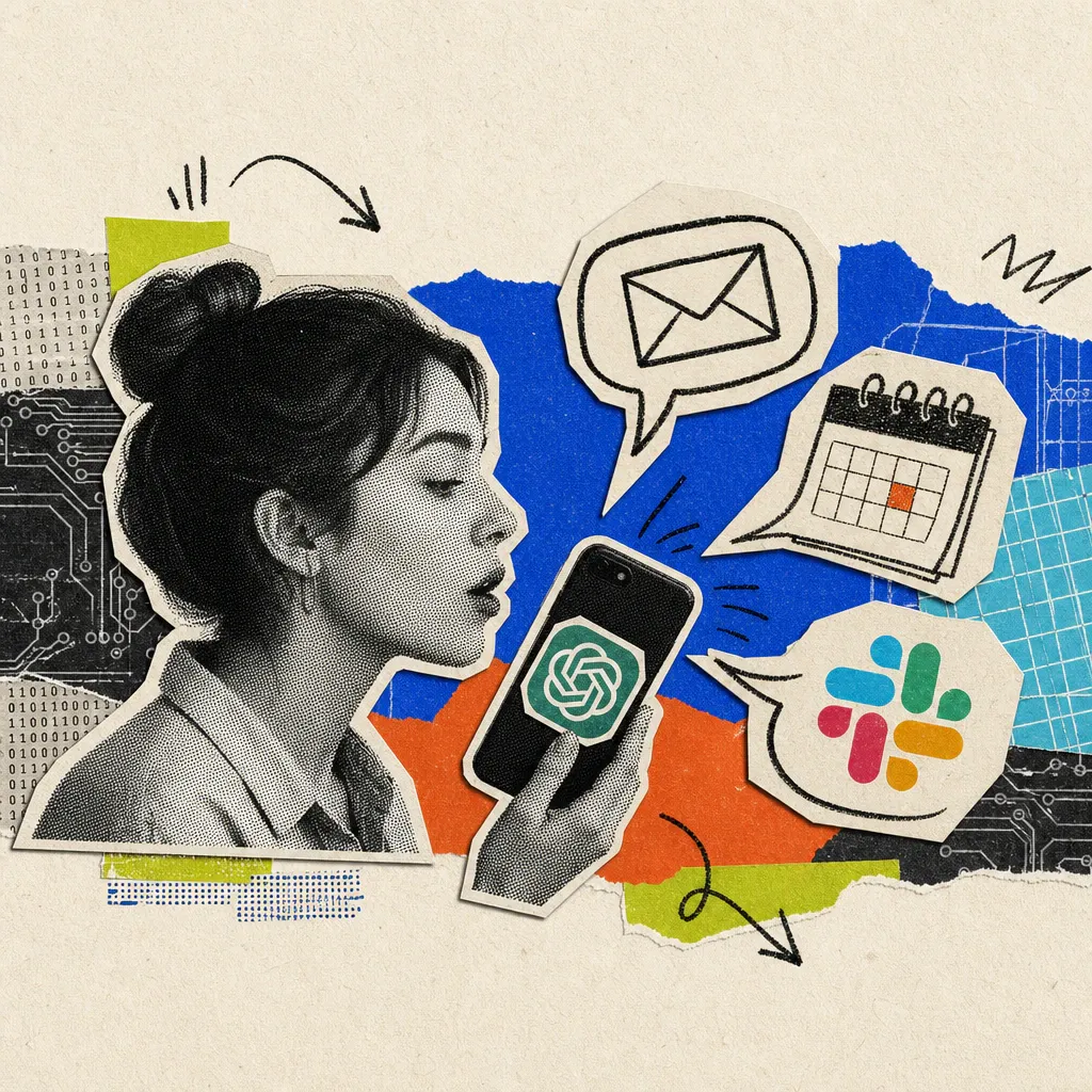 A person speaks into their smartphone with a ChatGPT logo sticker, next to floating drawn symbols for an envelope, a calendar, and the Slack symbol.